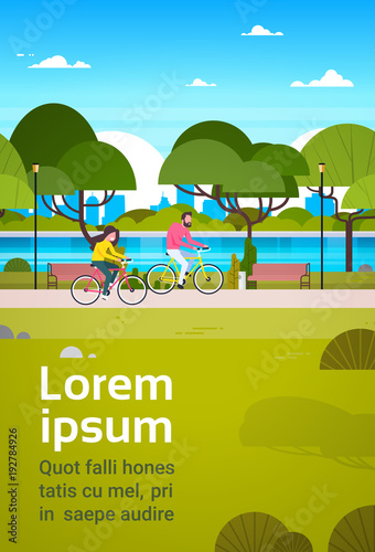 Couple Riding Bicycles In Public Park Man And Woman Cycling Outdoors Banner With Copy Space Flat Vector Illustration