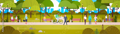 People Relaxing In Beautiful Urban Park Walking Riding Bicycle And Communicating Horizontal Banner Flat Vector Illustration