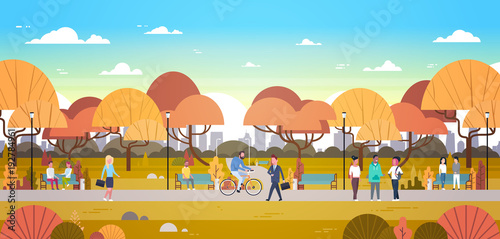 People Relaxing Outdoors In Autumn Urban Park Over City Skyline Background Walking Riding Bicycle And Communicating Flat Vector Illustration