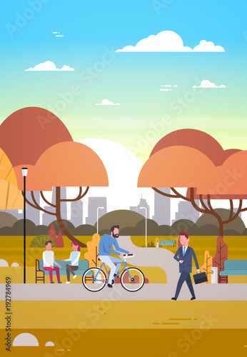 People Relaxing In Beautiful Autumn Urban Park Walking Riding Bicycle And Communicating Flat Vector Illustration