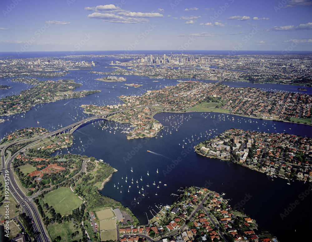 Aerial view of the Parramatta river and Gladesville bridge, Sydney , Australia.