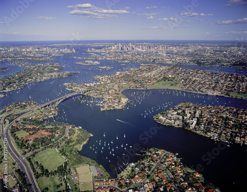 Aerial view of the Parramatta river and Gladesville bridge  Sydney   Australia.