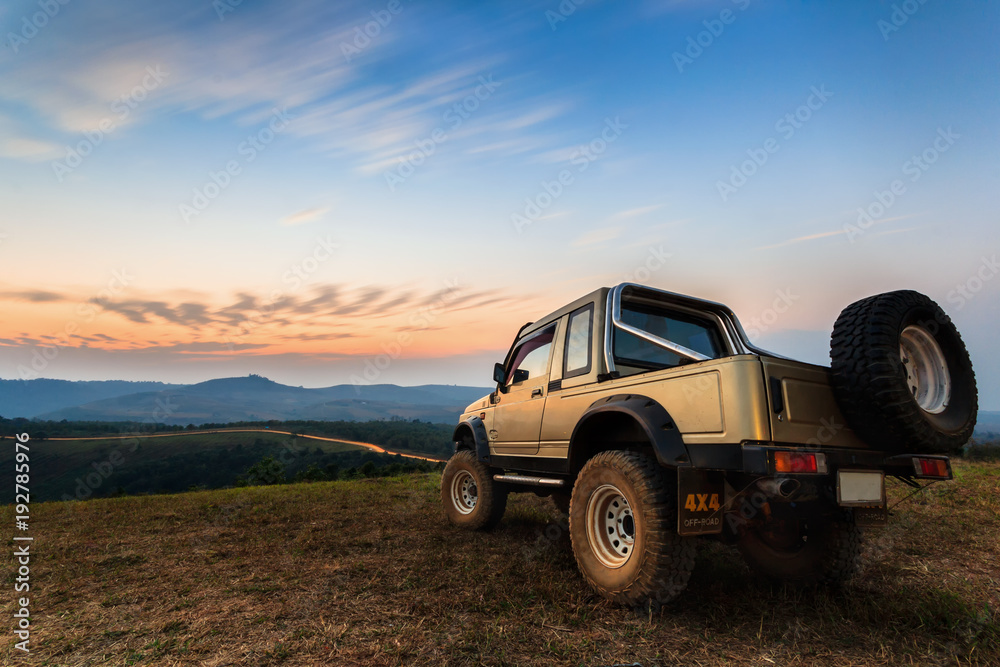 A gold off road all terrain vehicle on a green pasture in the mountains