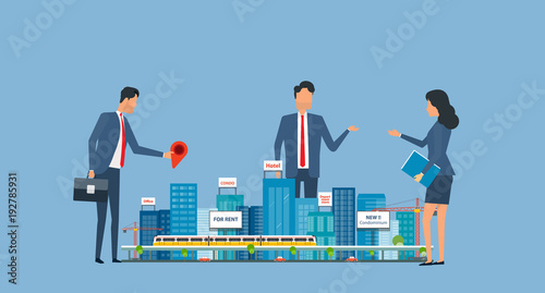 
flat business real estate investment with group investor meeting concept