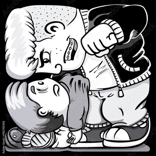 Illustration of a child suffering bullying from a quarrelsome bully, black and white. Ideal for catalogs, information and institutional material