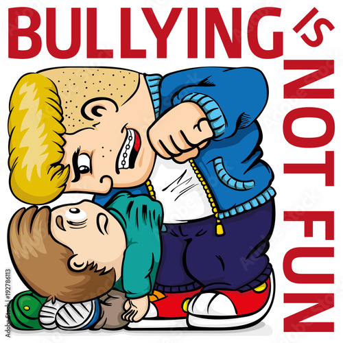 Illustration of a child suffering bullying from a quarrelsome bully, and text. Ideal for catalogs, information and institutional material