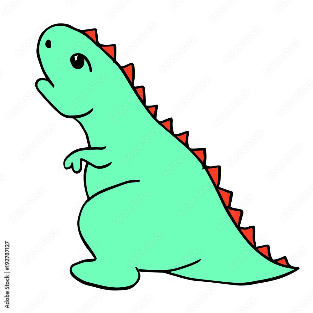 Naklejka premium Little Blue Dinosaur Tyrannosaurus is a cartoon character with red spiked plates. Lovely funny. Hand drawn vector illustration. Isolated on white background