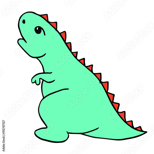 Little Blue Dinosaur Tyrannosaurus is a cartoon character with red spiked plates. Lovely funny. Hand drawn vector illustration. Isolated on white background
