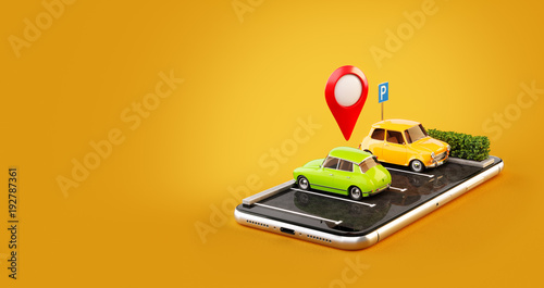 Unusual 3d illustration os smartphone application for online searching free parking place on the map. Parking and car sharing concept photo