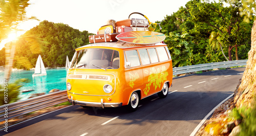 Cute little retro car with suitcases and surf on top goes by the road along b...