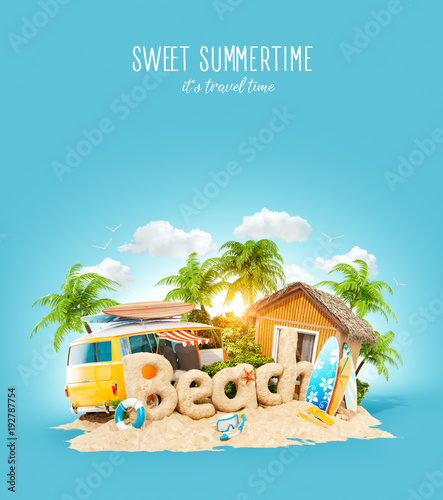 The word Beach made of sand on tropical island. Unusual 3d illustration of su...