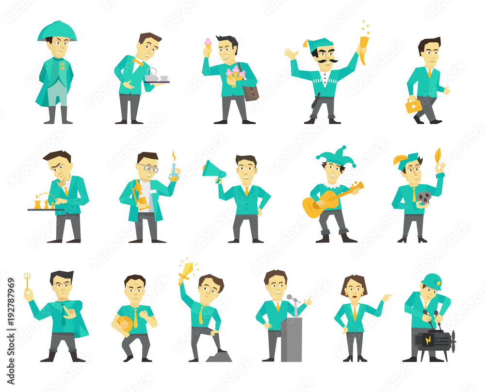 Set of sixteen different character design. Speaker politician and many others. Flat color vector illustration stock clipart.