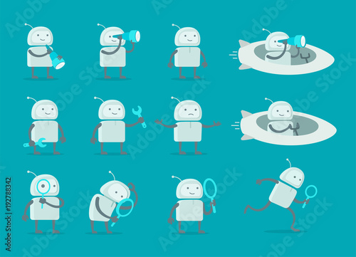 Robot alien character set. With telescope search end wrench repairs. On rocket spaceship. Flat color vector illustration stock clipart
