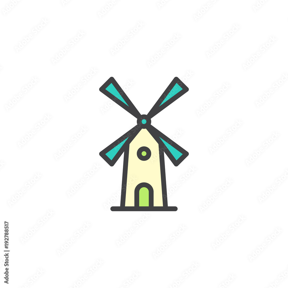 Mill filled outline icon, line vector sign, linear colorful pictogram isolated on white. Windmill symbol, logo illustration. Pixel perfect vector graphics