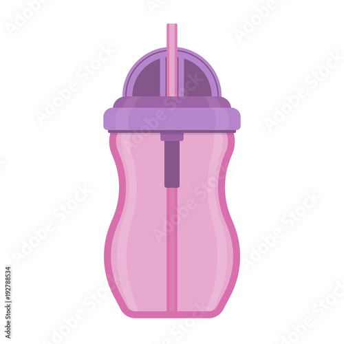 Baby sippy cup with straw, isolated on white background. Vector illustration of toddler feeding equipment. Baby care supplies