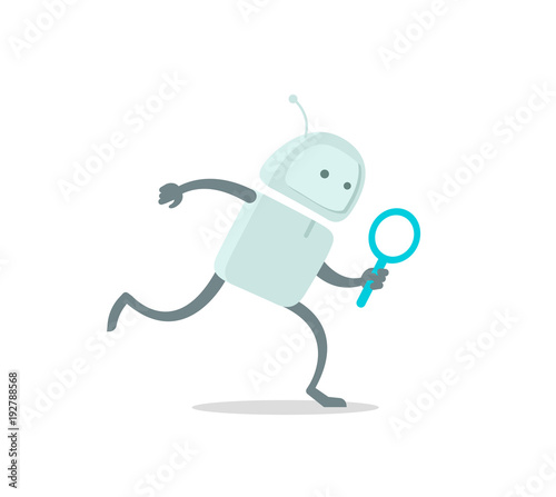 Robot runs alien character with magnifier loupe. With magnifying glass search. Flat color vector illustration stock clipart