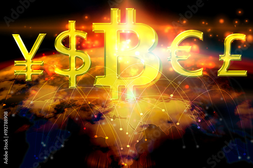 Bitcoin and currency symbol background.