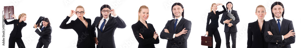 Businessman and businesswoman with briefcases isolated on white Businessman and businesswoman with briefcases isolated on white