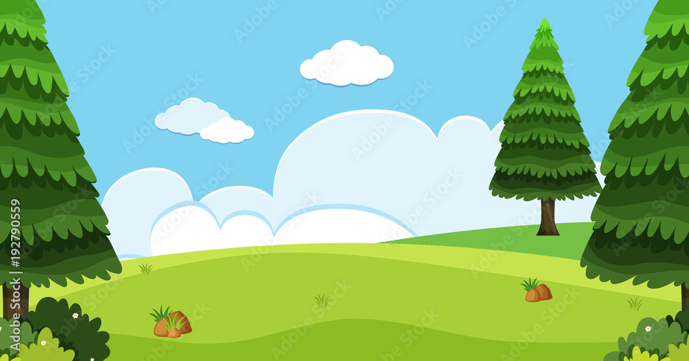 Background scene with pine trees in field