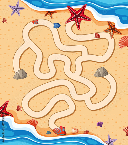 Puzzle game template with starfish on beach