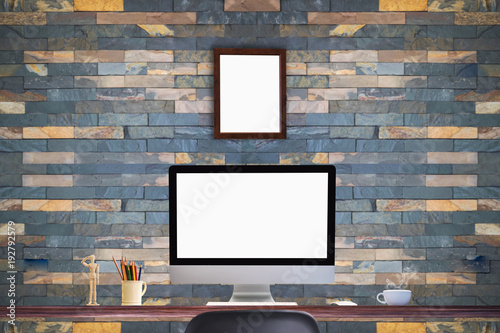 Comfortable workplace with modern desktop computer. Blank screen for graphic display montage.