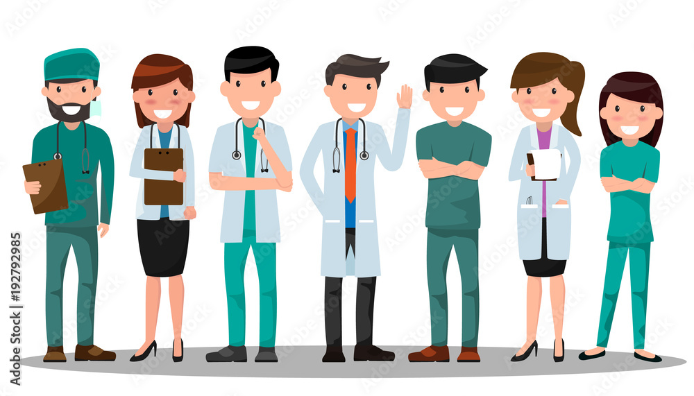 Fototapeta premium Doctor and nurse medical set in various pose for advertising or presentation. Health care concept vector illustration. Healthcare Providers.