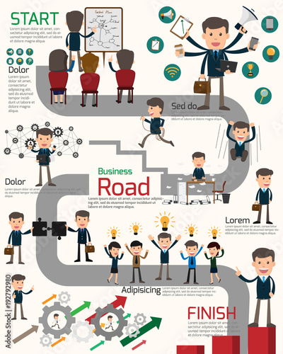 business roadmap with workstation infographics. business people show activities on roadmap. cartoon vector illustration. Leadership, partner and teamwork.