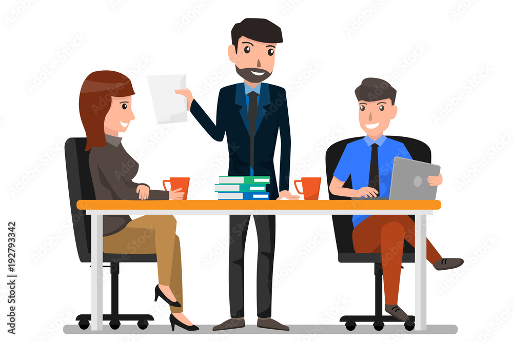 Teamwork and communication between co-workers, friendly environment for  productivity and creativity. business man and woman working in office.  cartoon character business concept vector illustration Stock Vector | Adobe  Stock