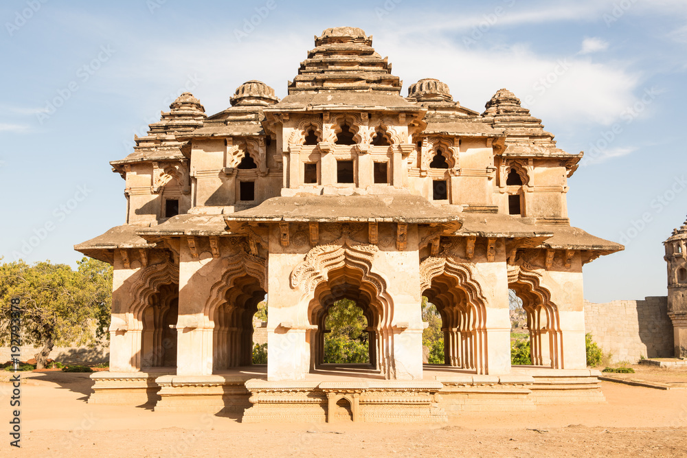 Tourist indian landmark Ancient ruins in Hampi. Hampi Bazaar, Hampi, Karnataka, India
