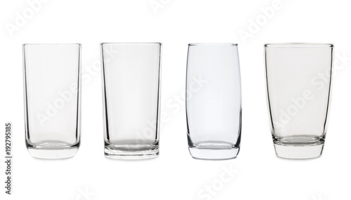 Empty glass collection isolated on white background.