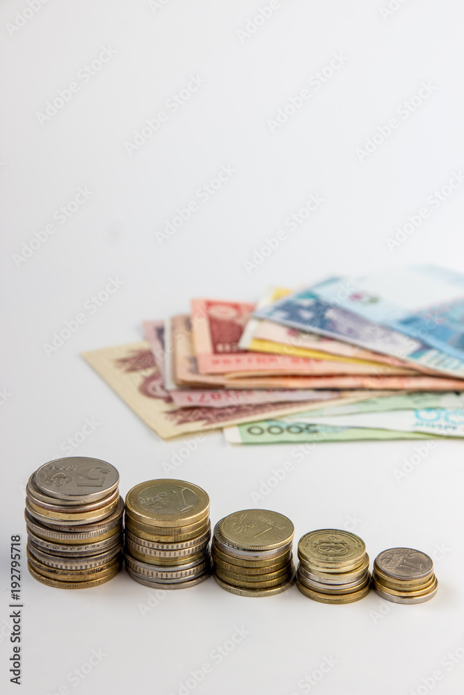 Money coins and banknotes from multiple countries Money coins and banknotes from multiple countries