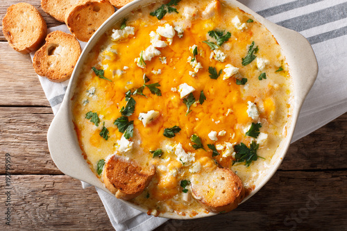 chicken buffalo dip with blue cheese and greens close-up in a baking dish. Horizontal top view © FomaA