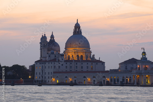 Evening twilight over the dome of the Cathedral of Santa Maria della Salute. Venice, Italy