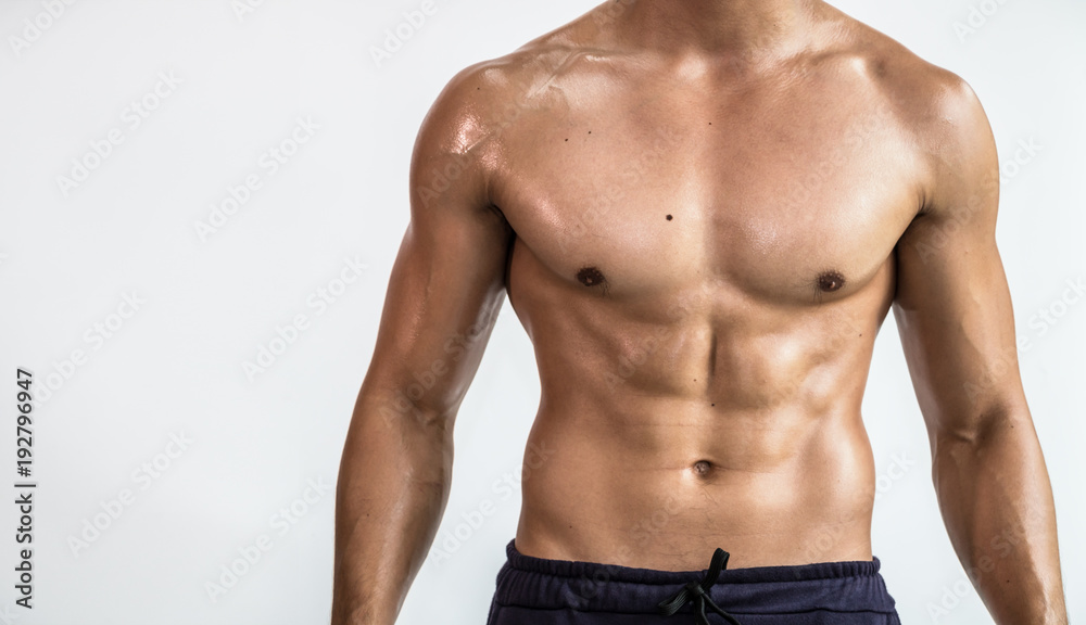 Close up bodybuilder muscular beautiful body on copy space background