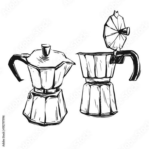 Hand made vector abstract graphic illustration with geyser coffee maker isolated on white background.Design for posters, prints, cards templates, logos, signs