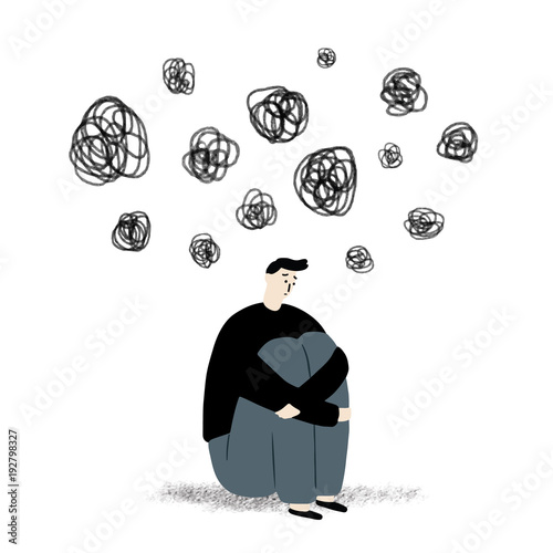 Hand drawn vector illustration of Sad man sitting on the floor with confuse bubble overhead on white background. Young man sits and hugs his knees up to the chest.