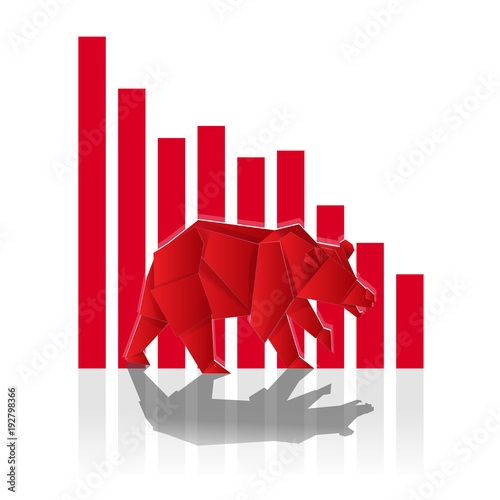 Bear Paper art with Red bar chart for stock market vector and illustration