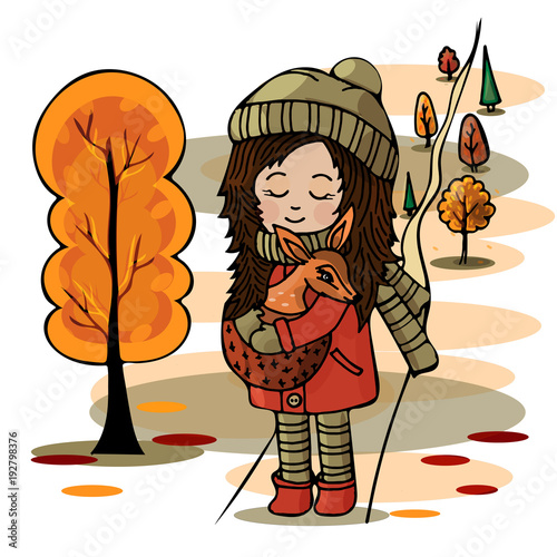 Cute girl with a deer in her hands in the autumn forest. Love, friendship with animals.