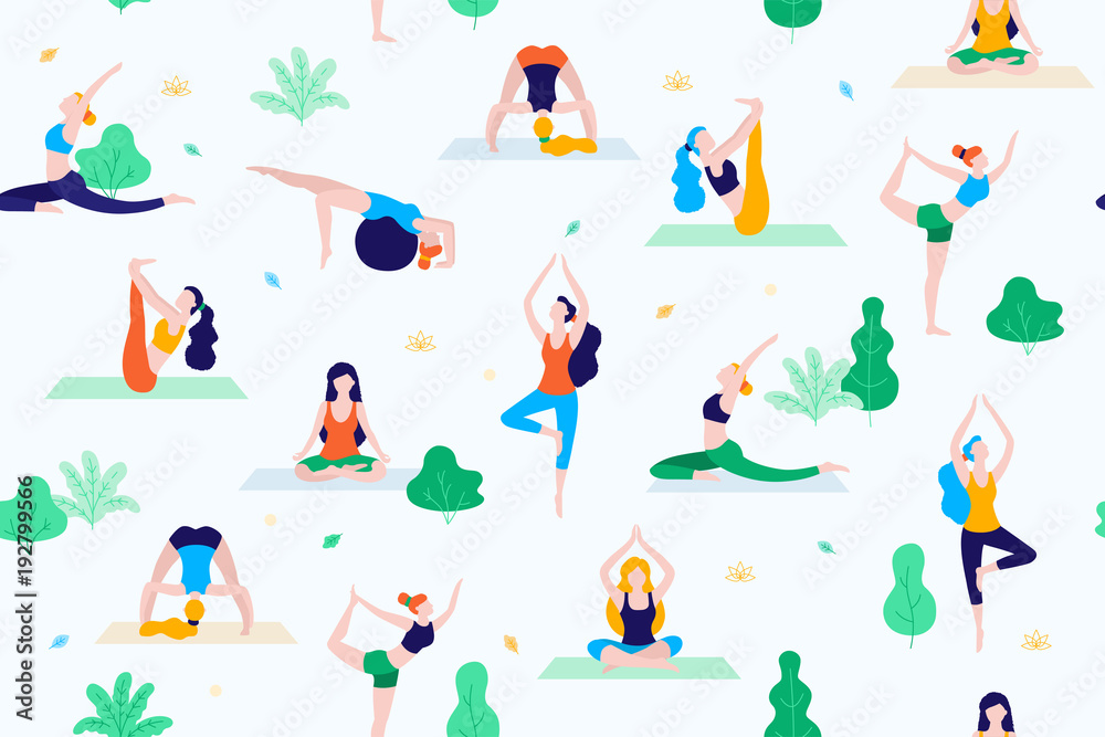 People in the park vector flat illustration. Women walk in the park and do sports, yoga and physical exercises. Park seamless pattern.