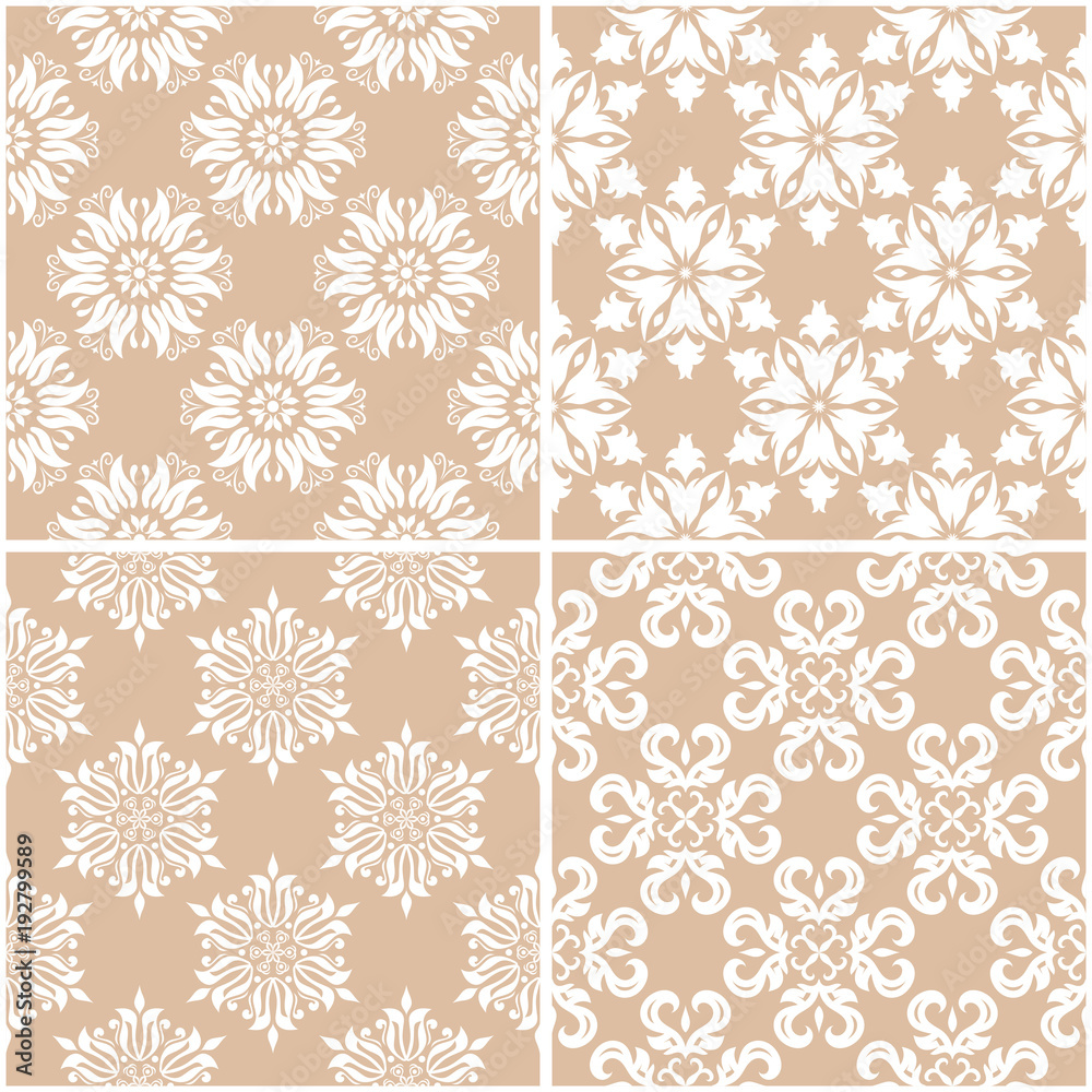 Floral patterns. Set of beige and white seamless backgrounds Floral patterns. Set of beige and white seamless backgrounds