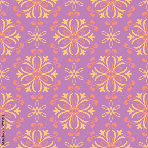 Violet floral seamless background. Pink and yellow bright pattern