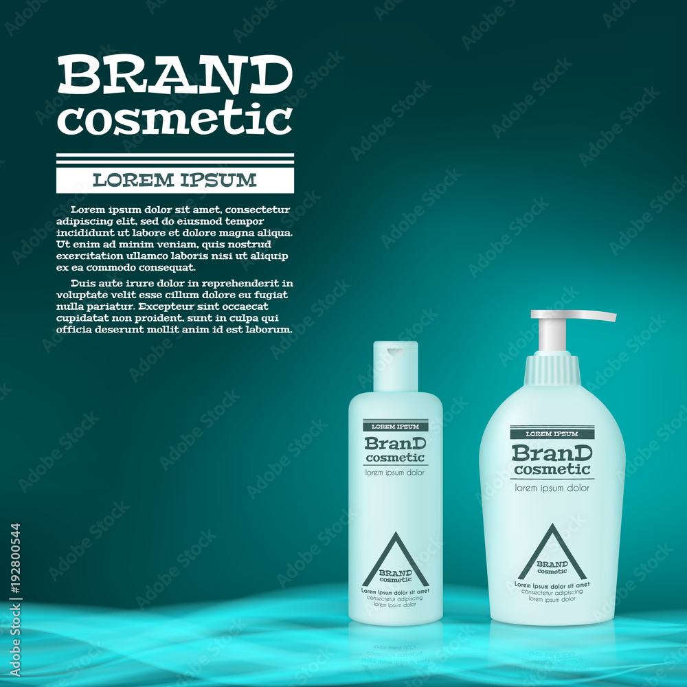 3D realistic cosmetic bottle ads template. Cosmetic brand advertising concept design with abstract glowing waves 3D realistic cosmetic bottle ads template. Cosmetic brand advertising concept design with abstract glowing waves