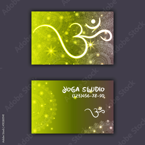 Business card for yoga studio or yoga instructor. Ethnic background with mandala ornament and ohm