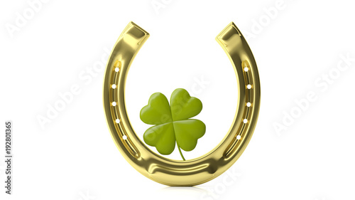 St Patrick's four leaf clover and horseshoe isolated on white background. 3d illustration