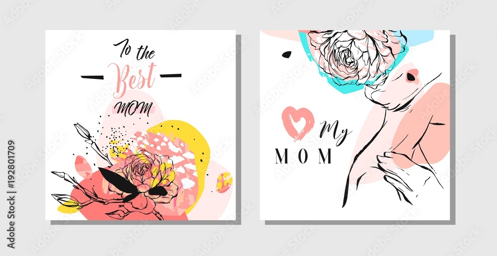 Hand drawn vector abstract greeting cards set with Happy Mother s Day typography and woman figure with abstract flowers isolated on white background,feminine design for card,invitation,save the date.