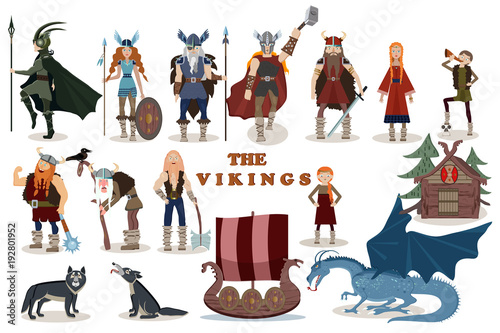 The Vikings. Viking cartoon characters. Valkyrie, berserker, warrior, old man, god Odin, god Thor, drakkar, wooden sail boat, wooden house, wolves, dragon, girl, boy.Vector illustration. Flat style.