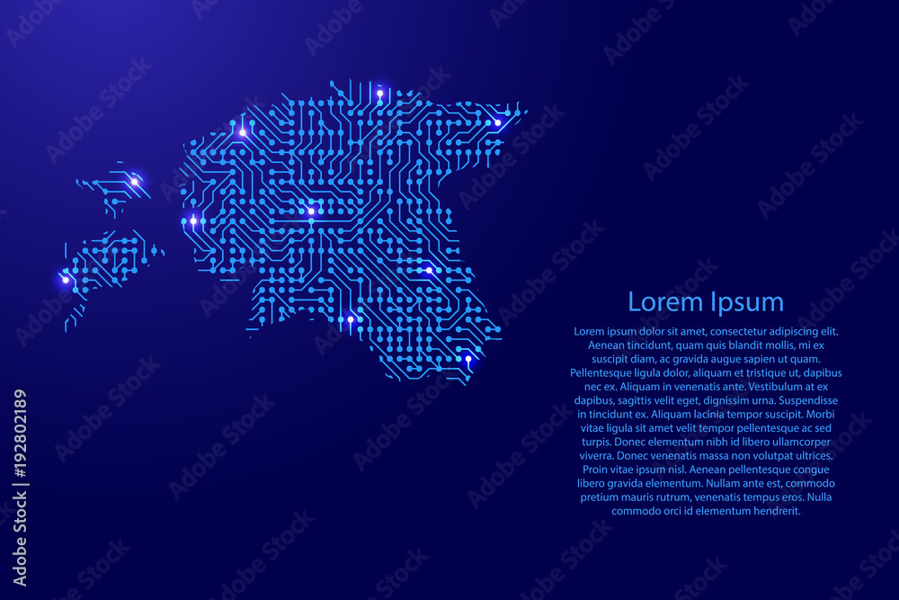 Map Estonia from printed board, chip and radio component with blue star space on the contour for banner, poster, greeting card, of vector illustration.