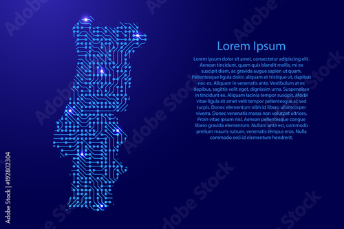 Map Portugal from printed board, chip and radio component with blue star space on the contour for banner, poster, greeting card, of vector illustration.