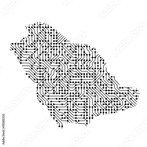 Abstract schematic map of Saudi Arabia from the black printed board, chip and radio component of vector illustration