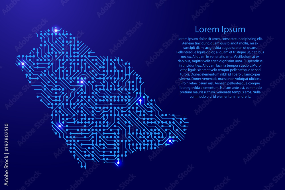 Map Saudi Arabia from printed board, chip and radio component with blue star space on the contour for banner, poster, greeting card, of vector illustration.
